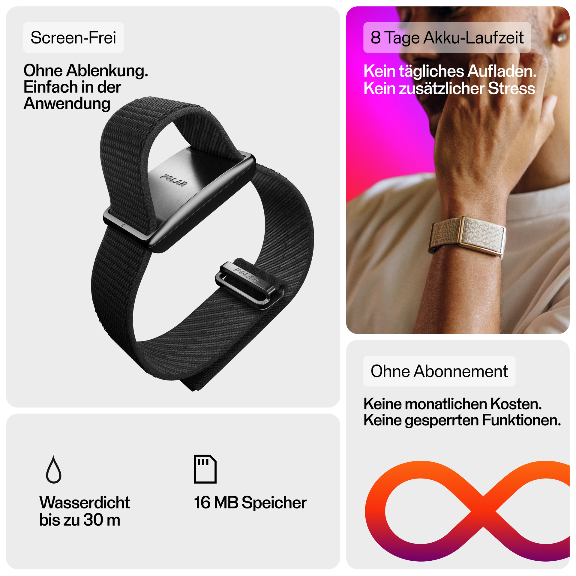 Un rastreador de actividad física Polar negro con correa texturizada, junto a texto que destaca características como 8 días de batería, sin suscripción, resistencia al agua y 16 MB de almacenamiento.