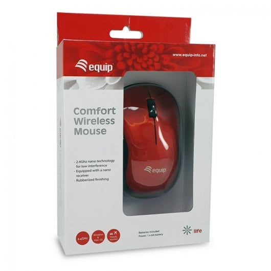 Czerwona mysz bezprzewodowa equip Comfort w biało-czerwonym opakowaniu detalicznym, prezentująca funkcje i szczegóły produktu.