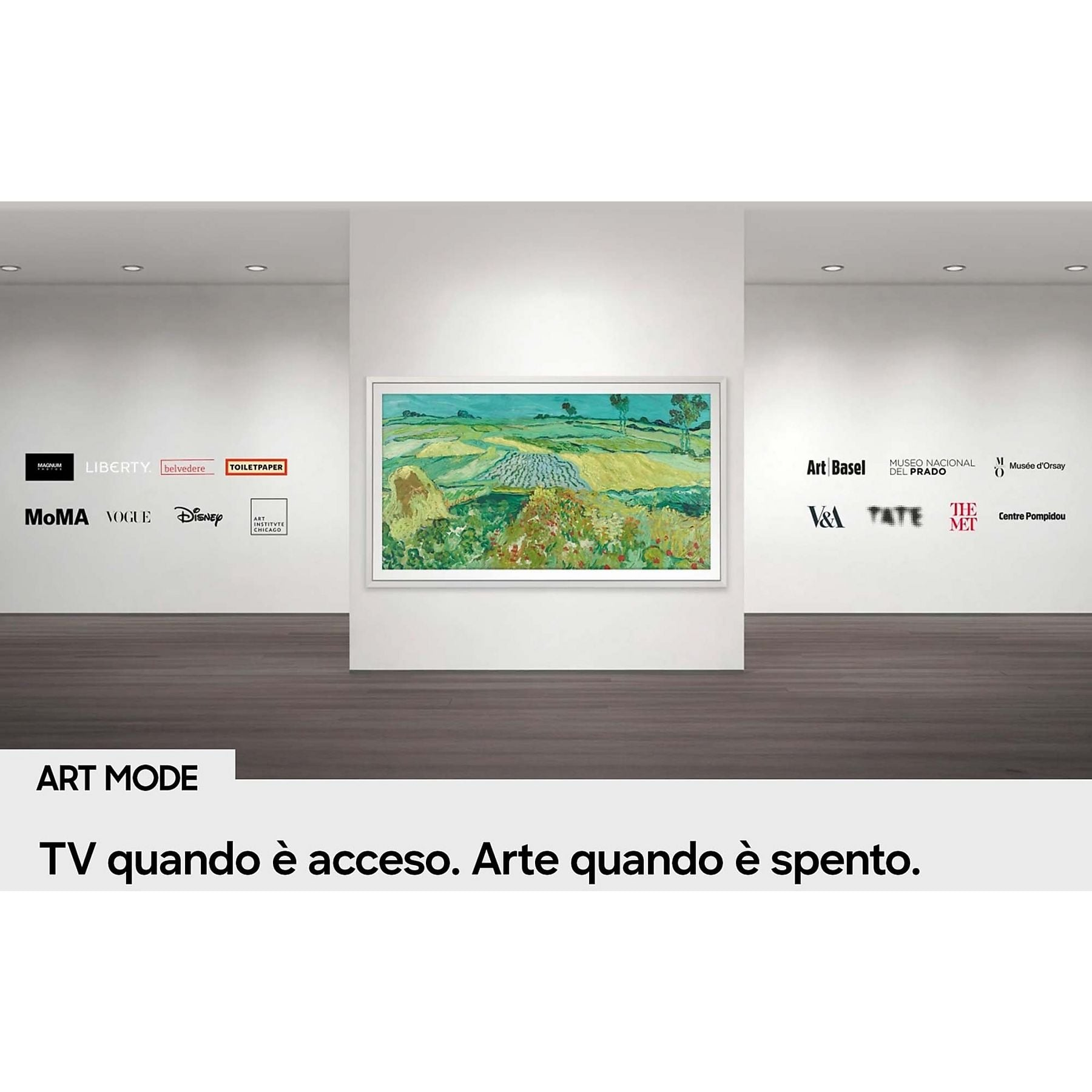Un dipinto incorniciato di Van Gogh su una parete bianca, affiancato da loghi di gallerie d'arte, con il testo 
