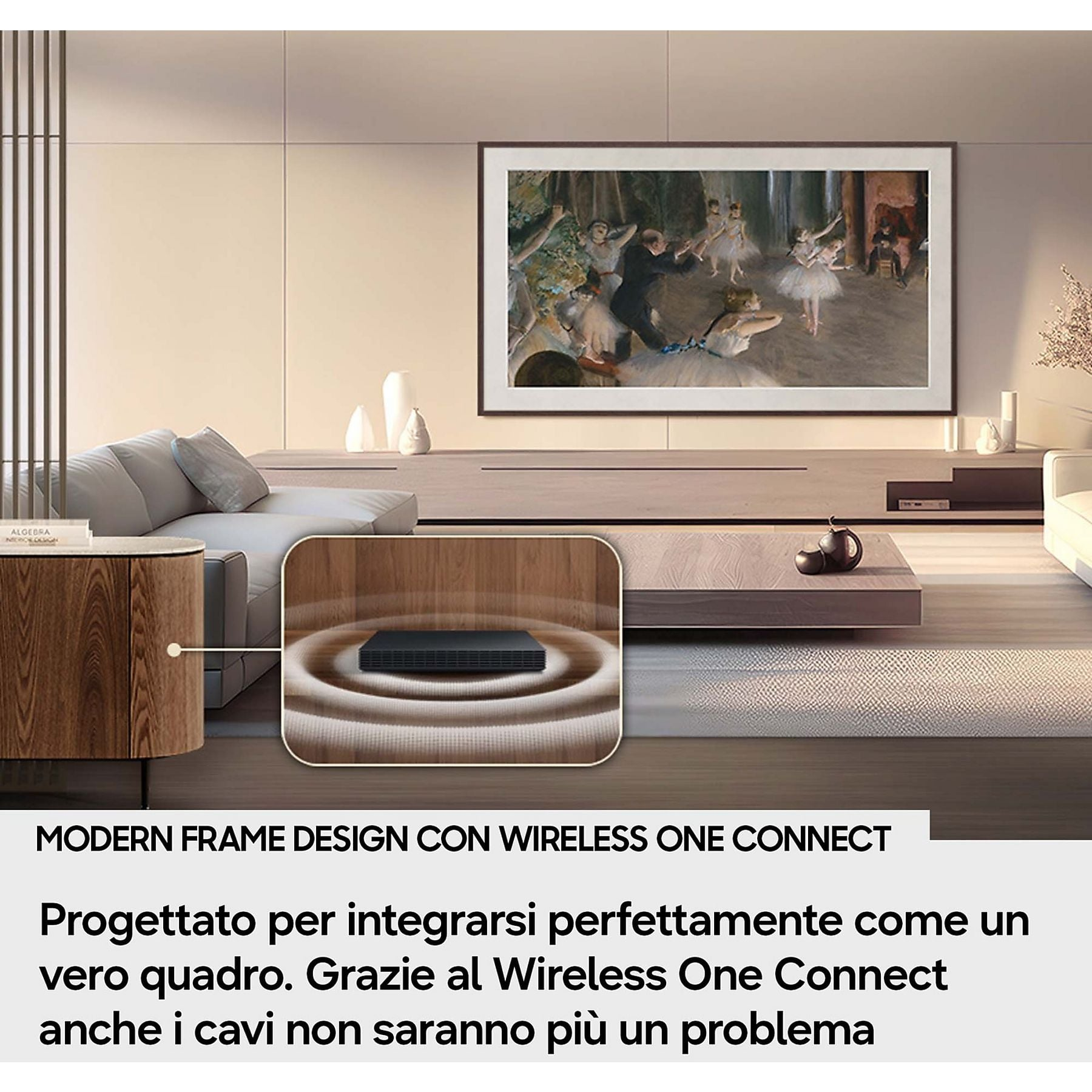 Un soggiorno moderno con una grande TV che mostra un dipinto di balletto, un divano e un arredamento minimalista.