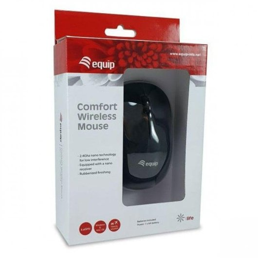 Empaque de un ratón inalámbrico negro Equip, mostrando el ratón e información del producto.