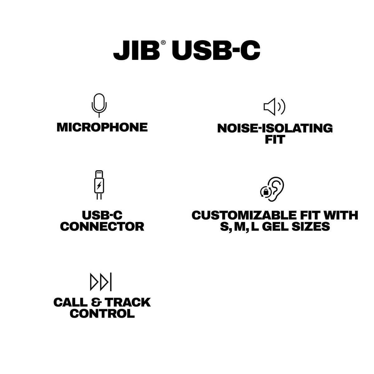 Schwarzer Text auf weißem Hintergrund listet JIB USB-C Funktionen auf: Mikrofon, Geräuschisolierende Passform, USB-C Anschluss, Anpassbare Passform mit S, M, L Gelgrößen und Anruf- & Titelsteuerung.