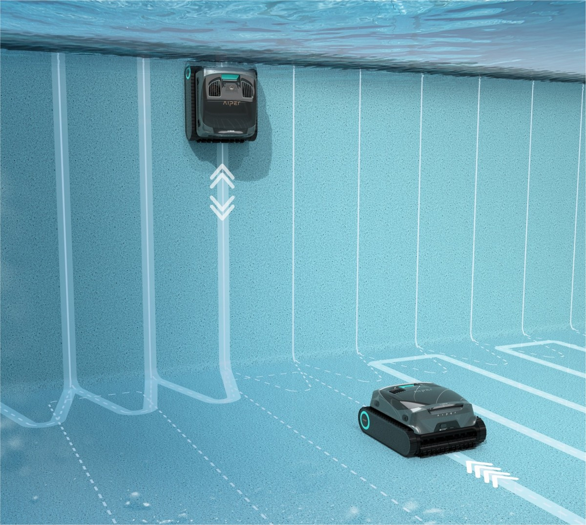 Zwei Poolroboter auf blauem Poolboden, einer fährt, der andere hängt an der Wand.