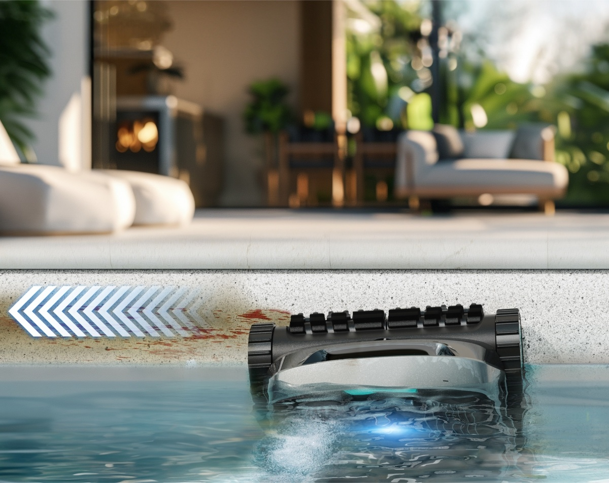 Ein Poolreiniger mit blauem Licht unter Wasser, neben einem Poolrand mit einem weißen Pfeil, der den Fluss anzeigt.