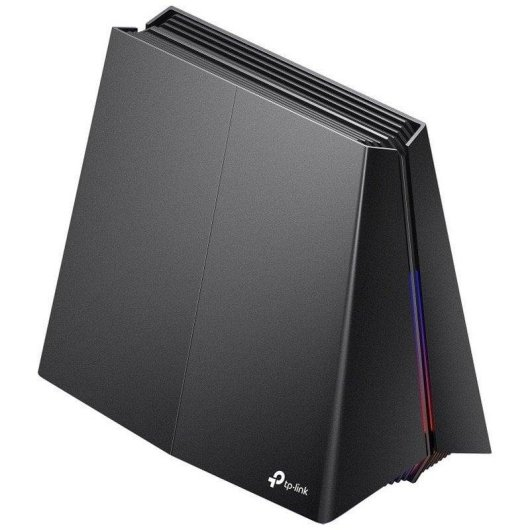 Czarny router TP-Link z otworami wentylacyjnymi na górze i kolorowymi światłami z boku.