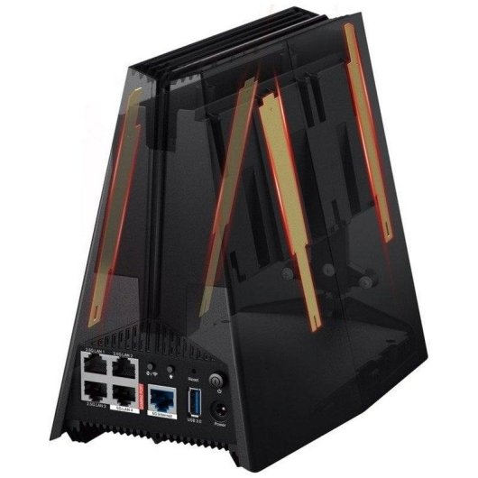 Czarny router z czterema portami LAN, portem internetowym i USB 3.0.