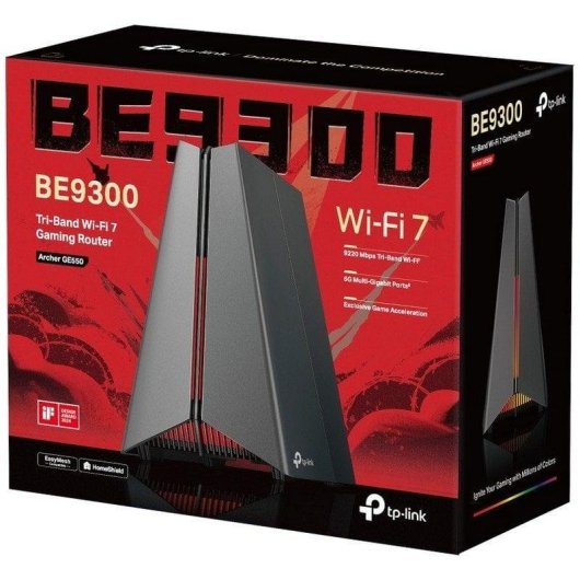 Czarny router TP-Link BE9300 Tri-Band Wi-Fi 7 do gier z czerwonymi akcentami, prezentowany na pudełku produktu.
