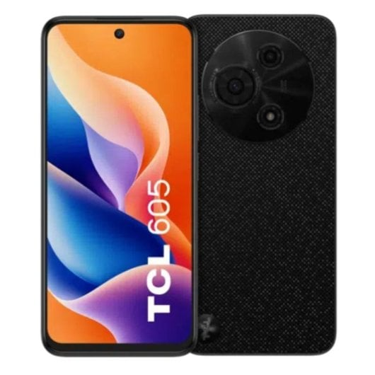 Czarny smartfon TCL 605 z okrągłym modułem aparatu i żywym ekranem.