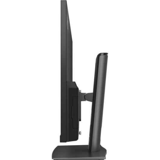 Vista laterale di un monitor nero con cornice sottile e supporto girevole.
