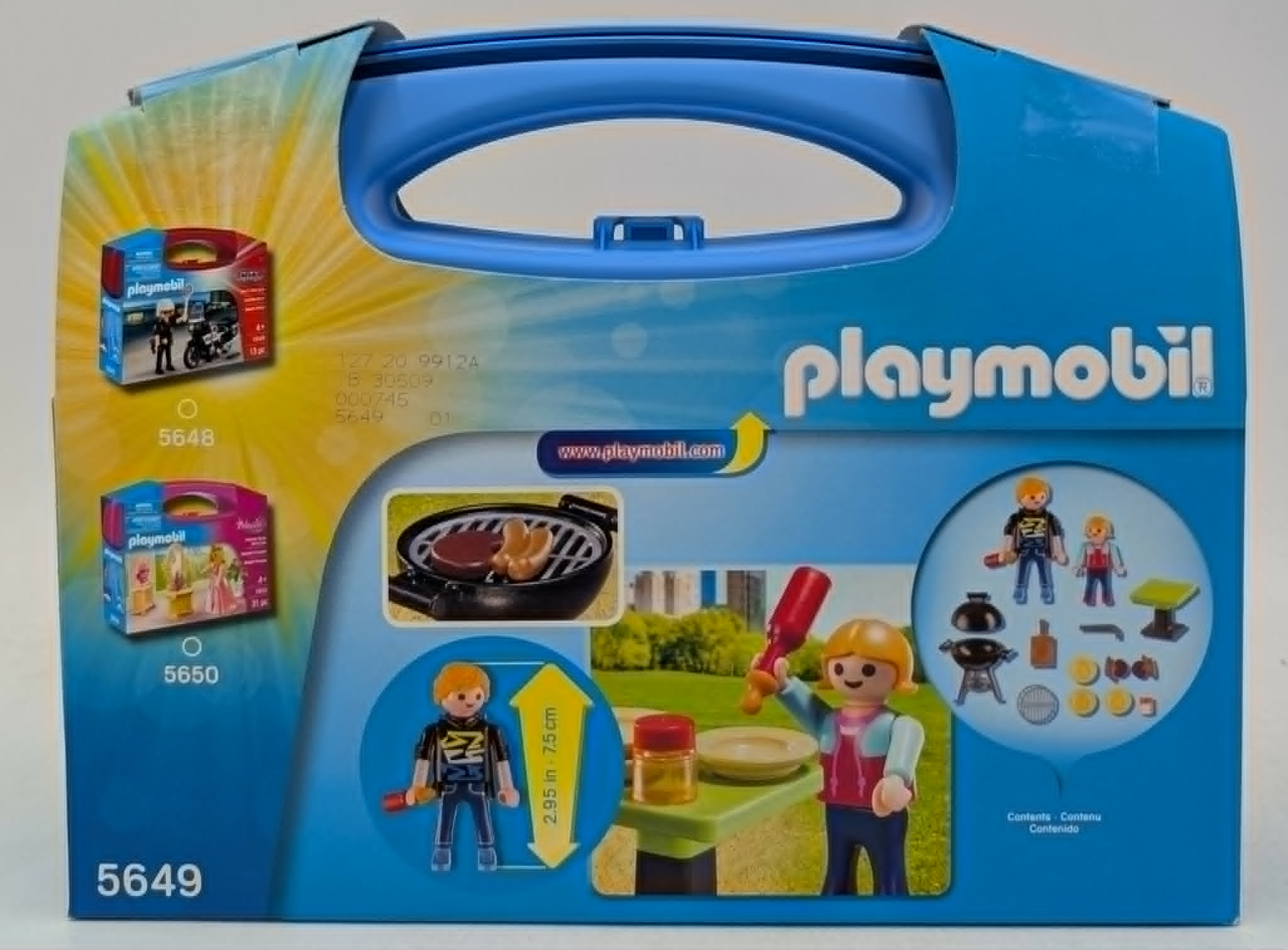 Playmobil Grillparty-Spielzeug-Set in einer blauen Box mit Abbildungen von Figuren und Zubehör.