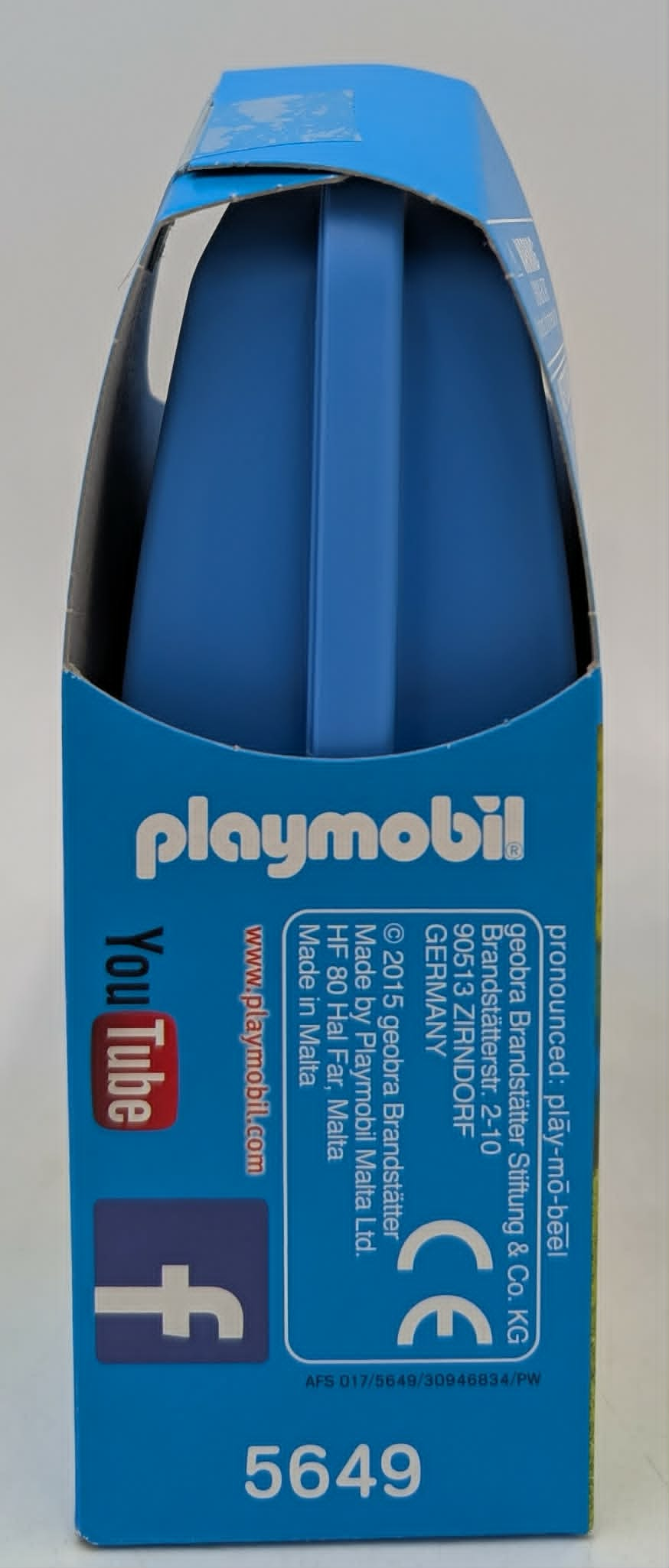 Blaue Playmobil-Verpackung mit Logo, Website und CE-Zeichen.