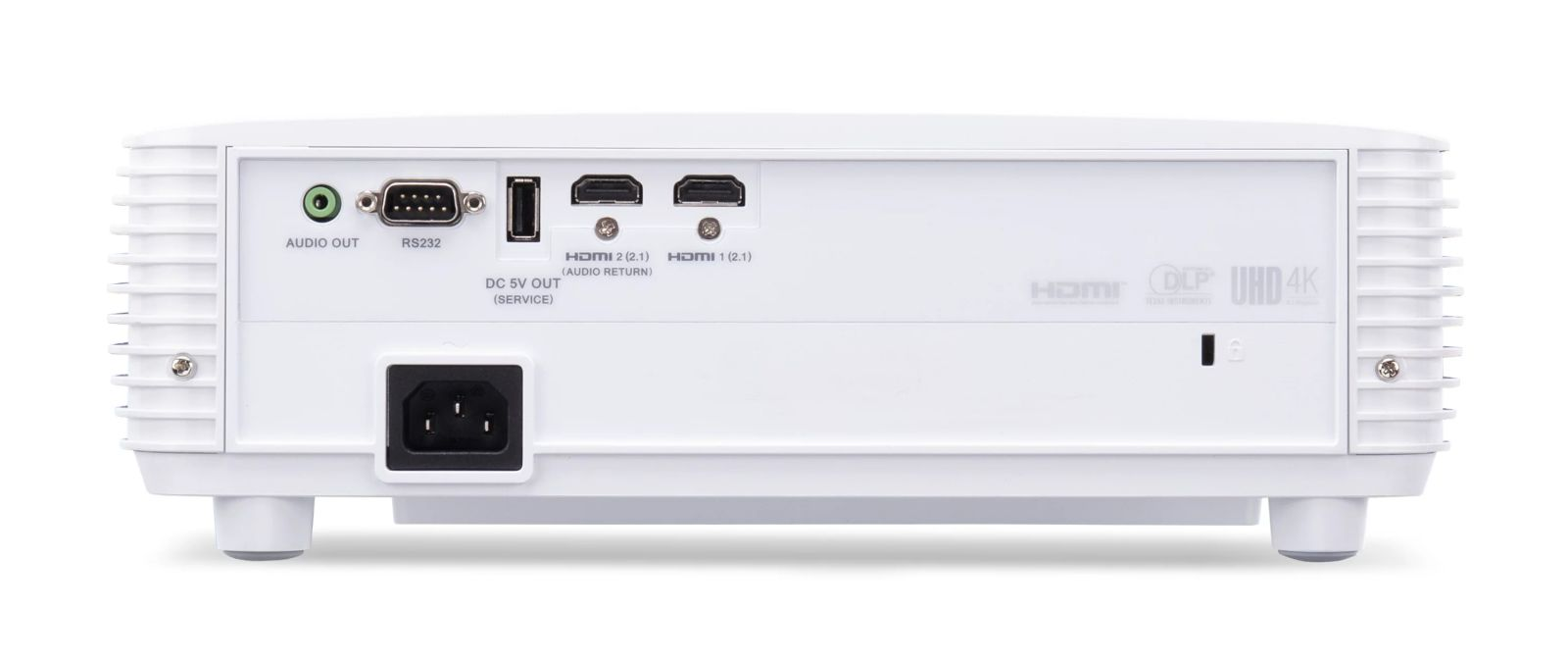 Rückseite eines weißen Projektors mit Anschlüssen: Audio Out, RS232, DC 5V Out, 2x HDMI.