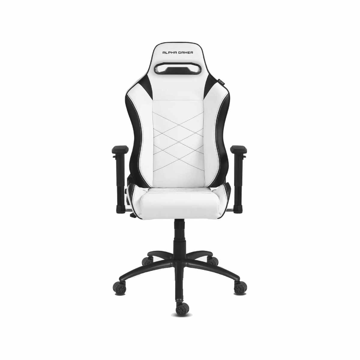 Sedia da gaming bianca con accenti neri e ruote su sfondo bianco.