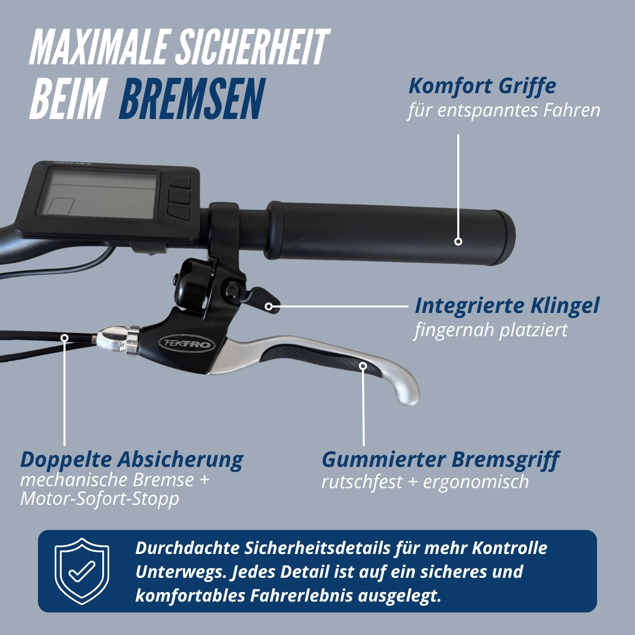 Fahrradlenker mit Display, Bremshebel, Griff und Klingel. Details zu Sicherheit.