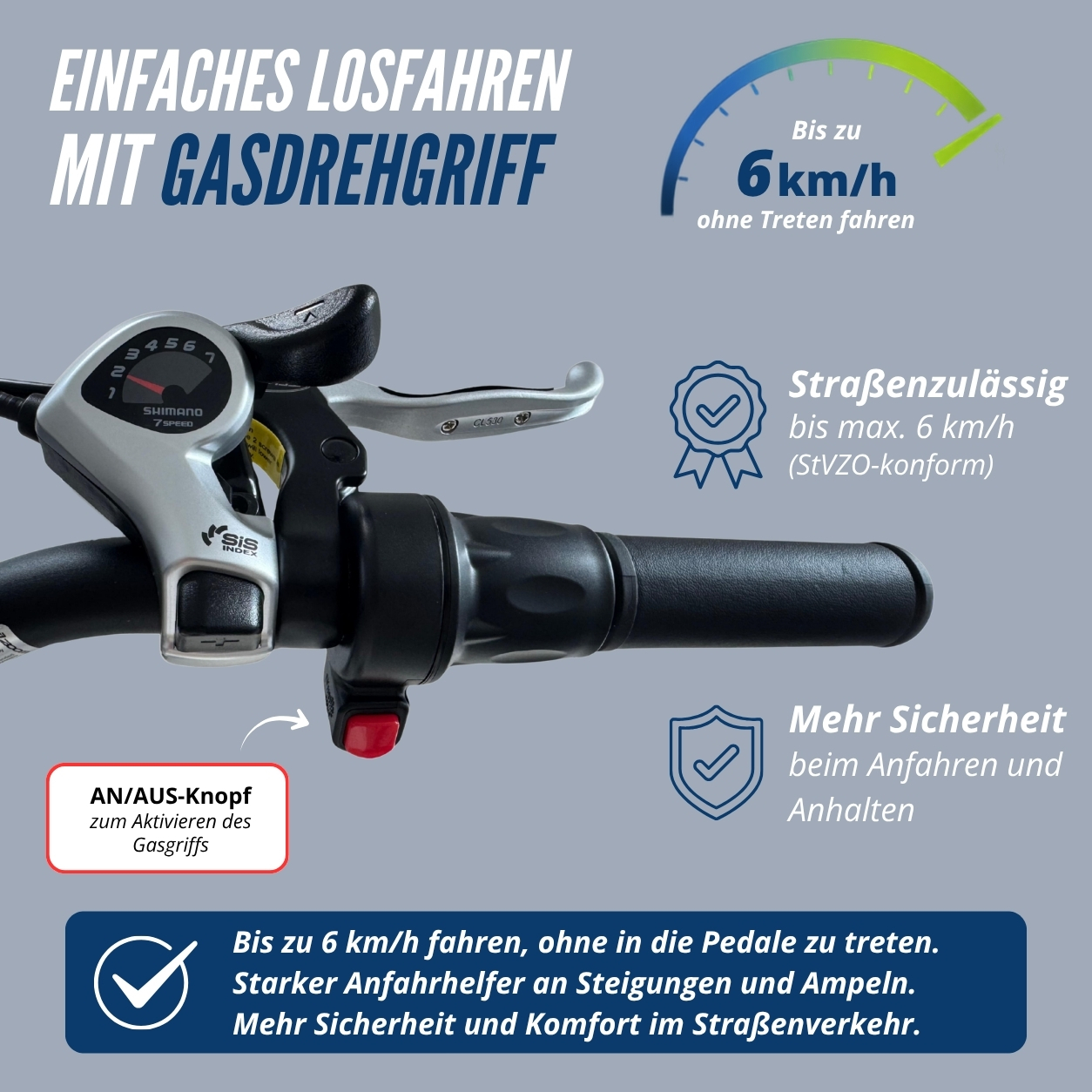 E-Bike Lenker mit Gasdrehgriff, Gangschaltung und Bremshebel. Mit Text.