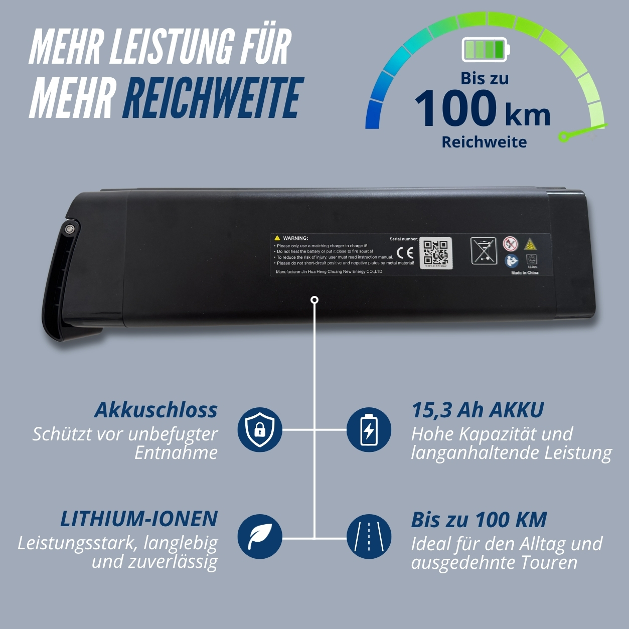 Schwarzer E-Bike Akku mit Warnhinweisen und Leistungsangaben in Deutsch und Englisch.