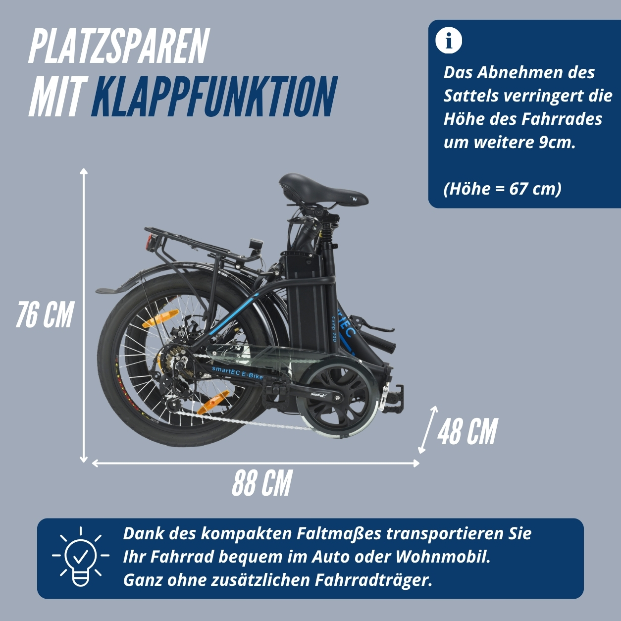 Ein schwarzes faltbares E-Bike mit Maßen 76x88x48cm wird gezeigt.