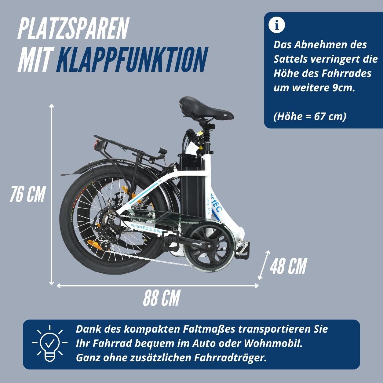 Ein weißes faltbares E-Bike mit Maßen 76x88x48 cm. Sattelhöhe 67 cm.