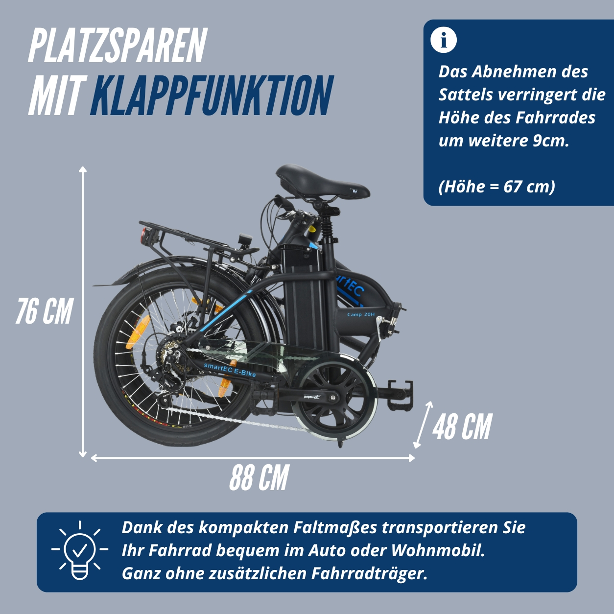 Ein zusammengeklapptes schwarzes E-Bike mit Maßen 76x88x48 cm.