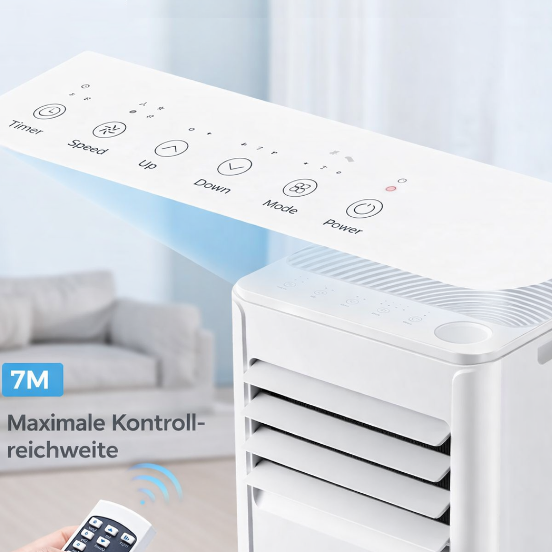 Ein weißer Luftkühler mit Fernbedienung und Bedienfeld mit Symbolen wie Timer, Geschwindigkeit, Modus, Strom.