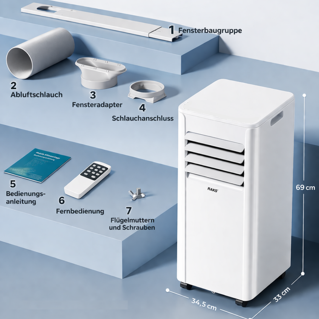 Ein weißer tragbarer Klimaanlagen-Kit mit Zubehör und Maßen.