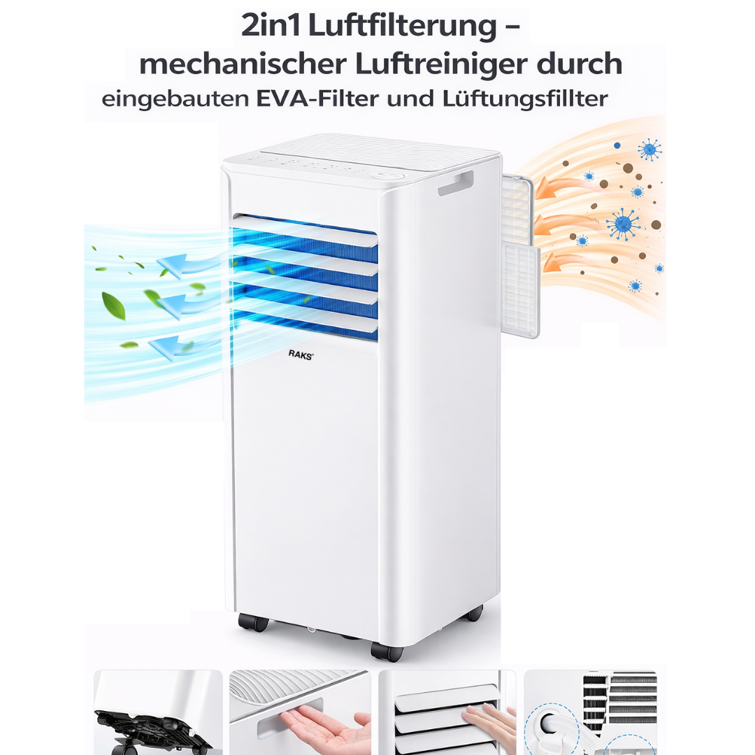 Ein weißer Luftreiniger mit blauem Filter, der Blätter und Luft ansaugt und Viren filtert.