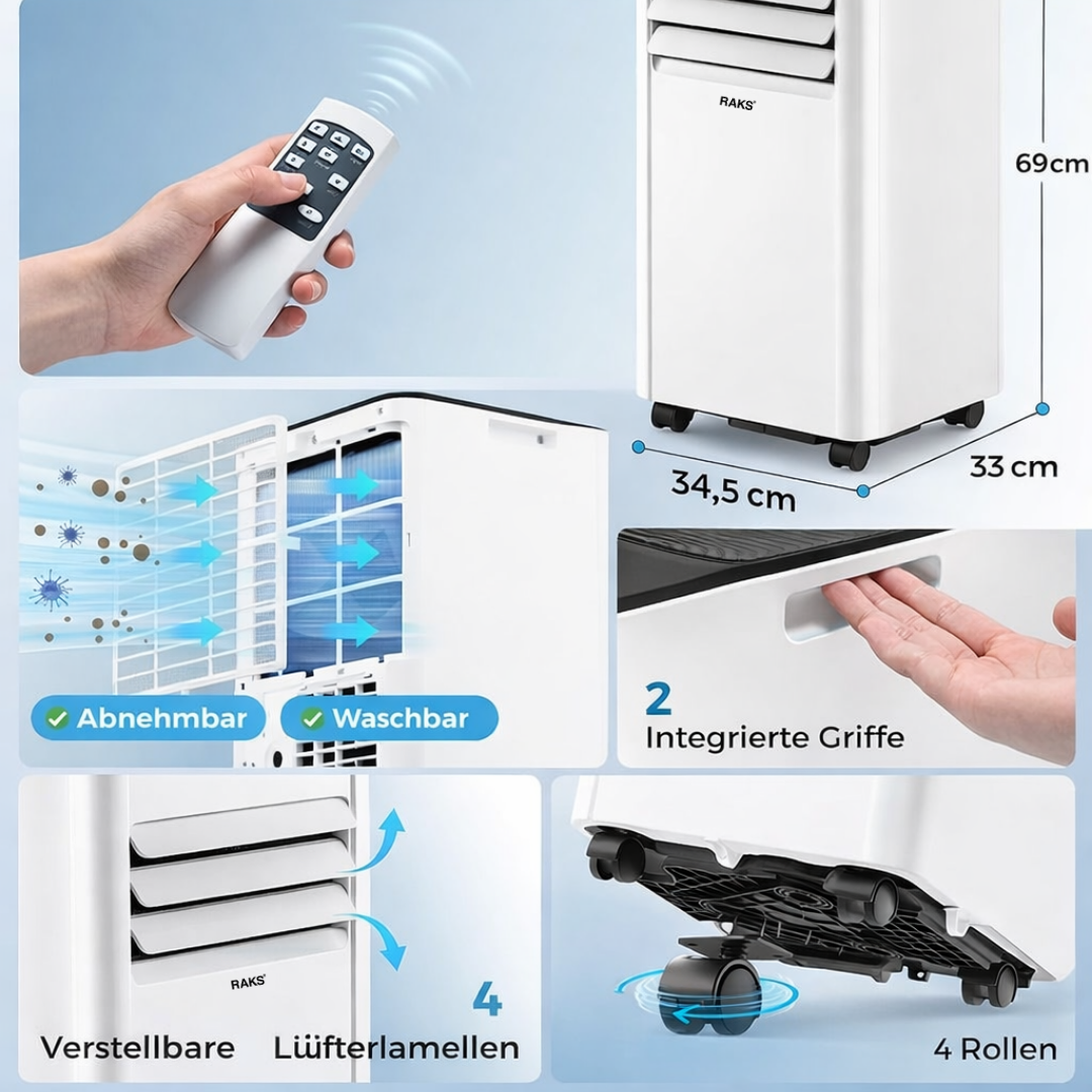 Wei11er tragbarer Klimaanlage mit Fernbedienung, abnehmbarem Filter.