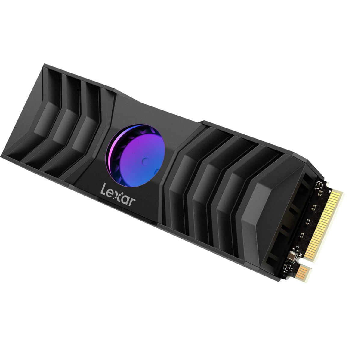 Schwarze SSD mit Kühlkörper und RGB-Beleuchtung, mit Lexar-Logo.