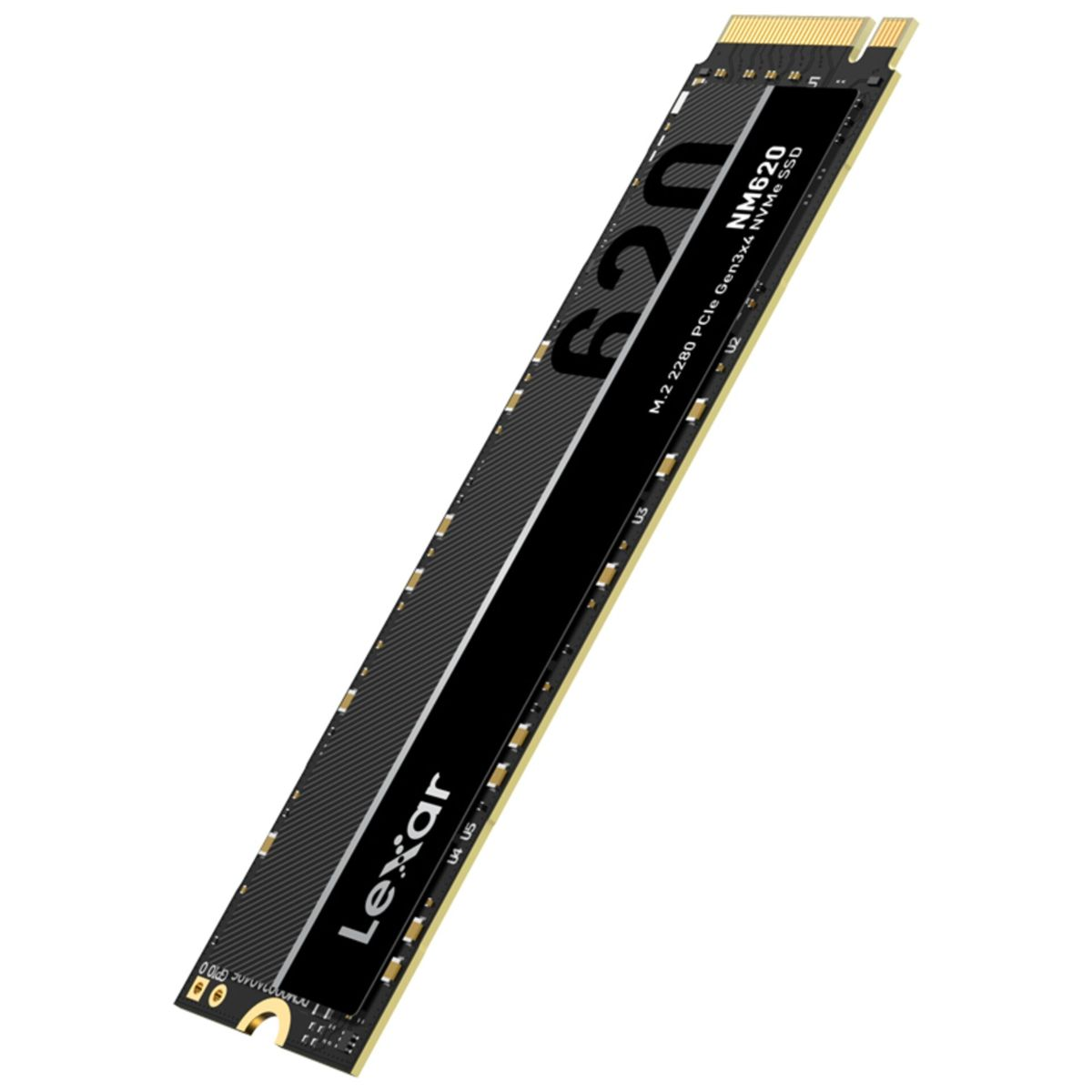 Un SSD NVMe Lexar NM620 M.2 2280 con etichetta nera su sfondo bianco.