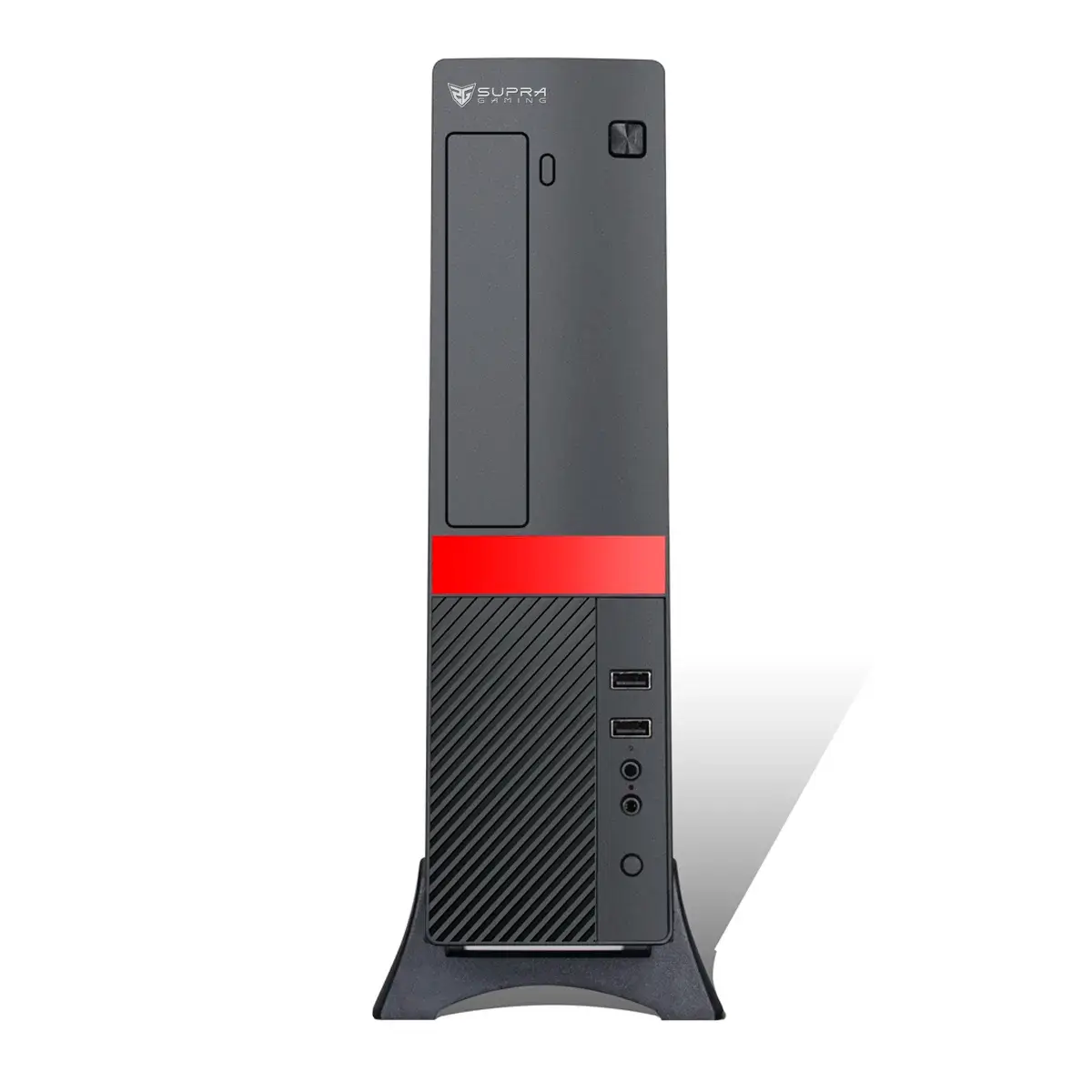 Una tower del computer sottile e scura con una striscia rossa e porte.