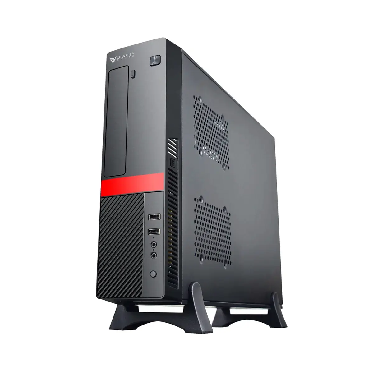 Una torre del computer nera con striscia rossa è su un supporto. La parte anteriore ha porte USB.