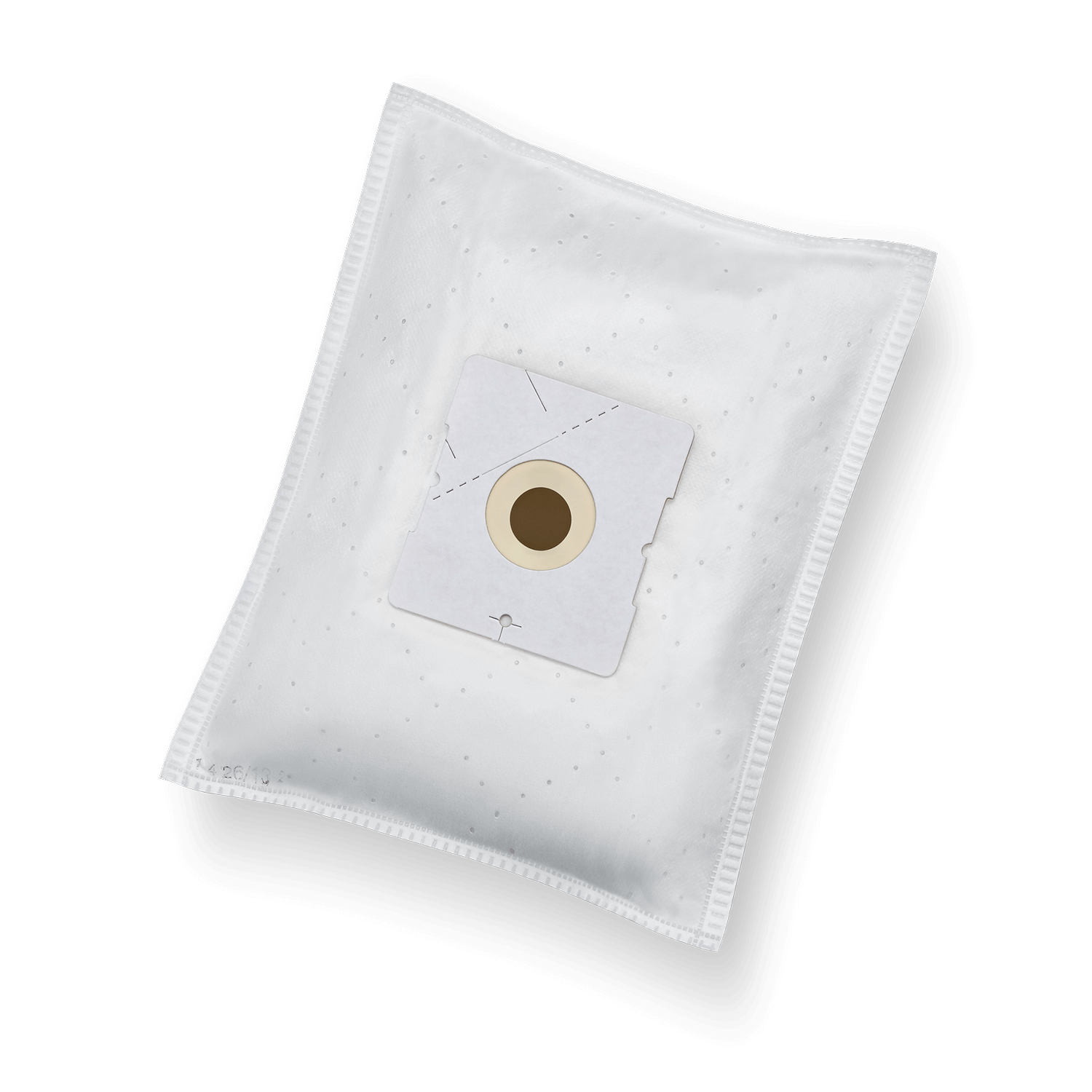 A white vacuum cleaner bag with a brown connector piece on a black background.