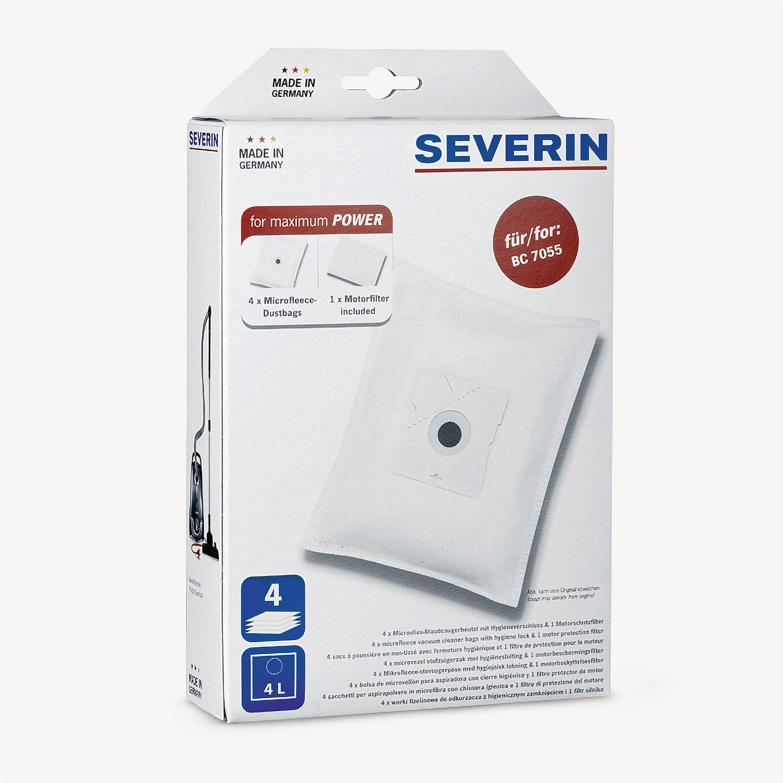 Severin packaging with 4 microfleece dustbags and 1 motor filter.