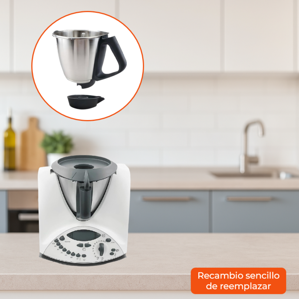 Una máquina de cocina con bol y tapa metálicos en un círculo, junto a la máquina.