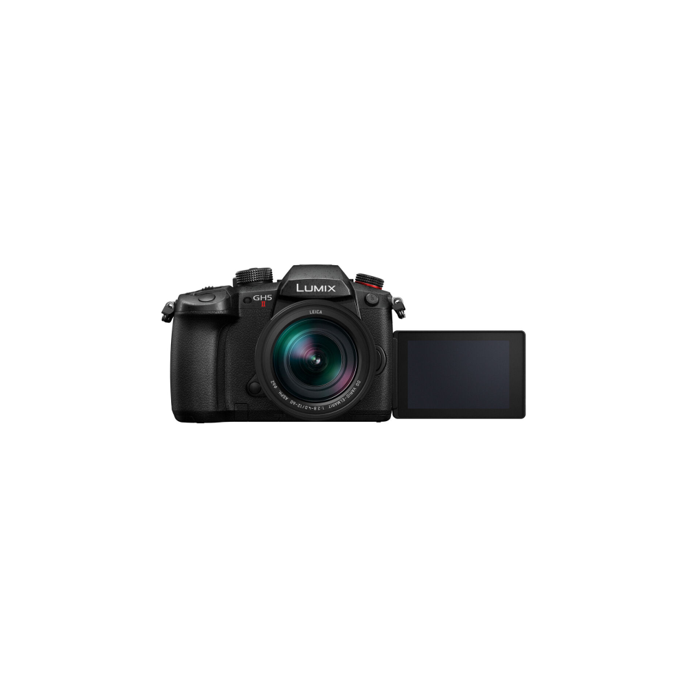 Black Panasonic Lumix GH5 II camera with flip-out screen and Leica lens.