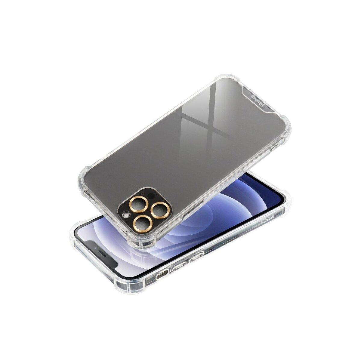 Klare Handyhülle mit goldfarbenem Kameraringdetail an einem Handy.