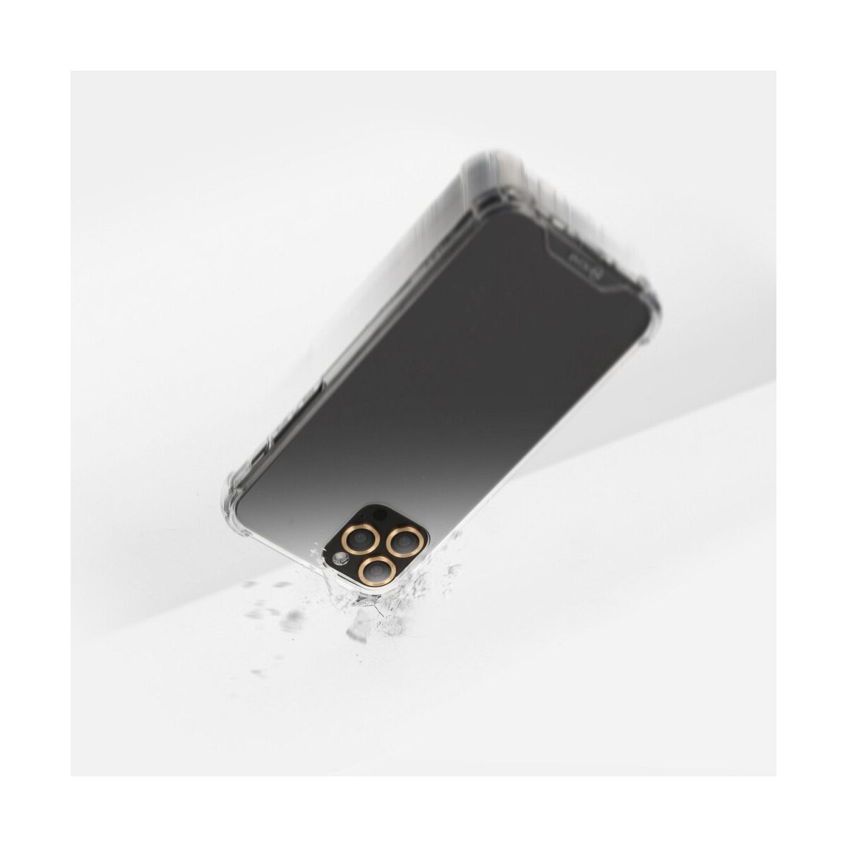 Ein durchsichtiges Handycase mit einem Smartphone, das auf einer weißen Oberfläche liegt.