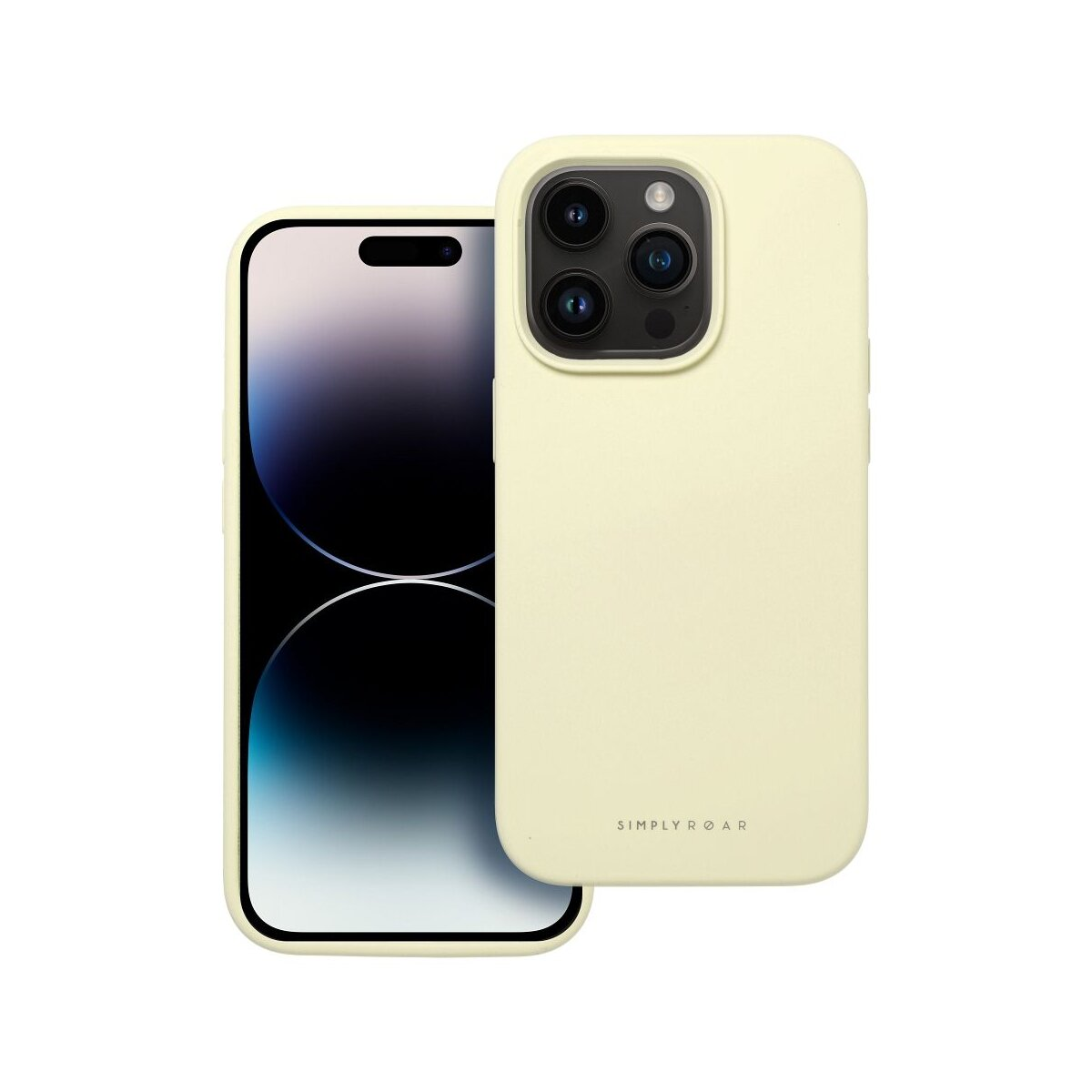Eine hellgelbe Hülle für das iPhone 14 Pro mit Dreifachkamera.