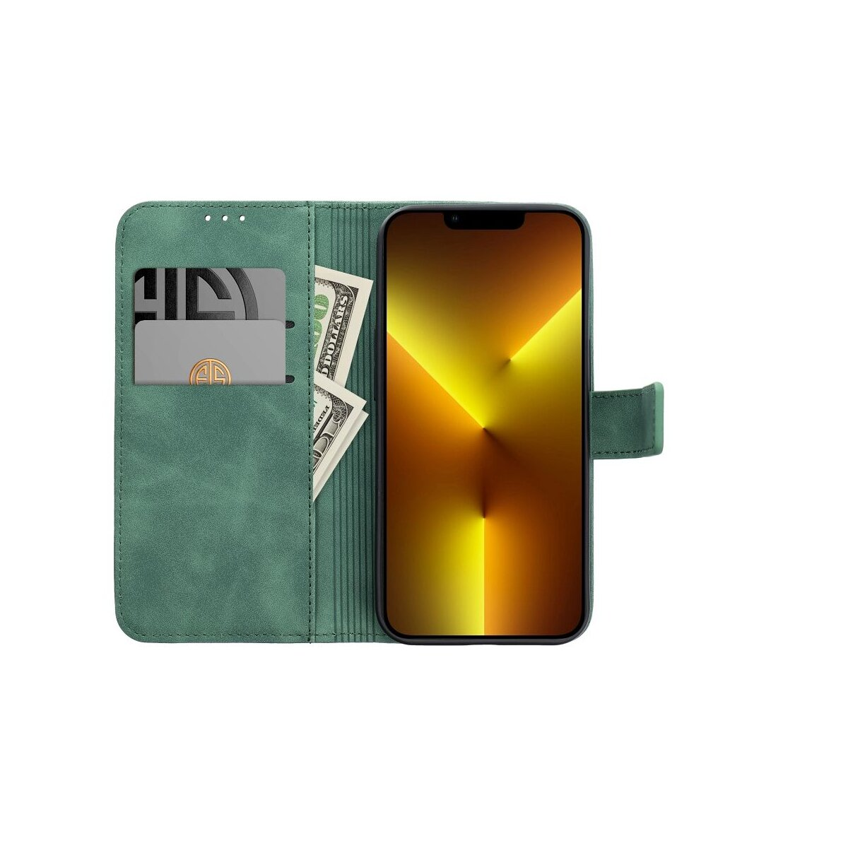 Grüne Handyhülle mit Kartenfächern, Geldscheinen und einem Smartphone mit gelbem Hintergrund.