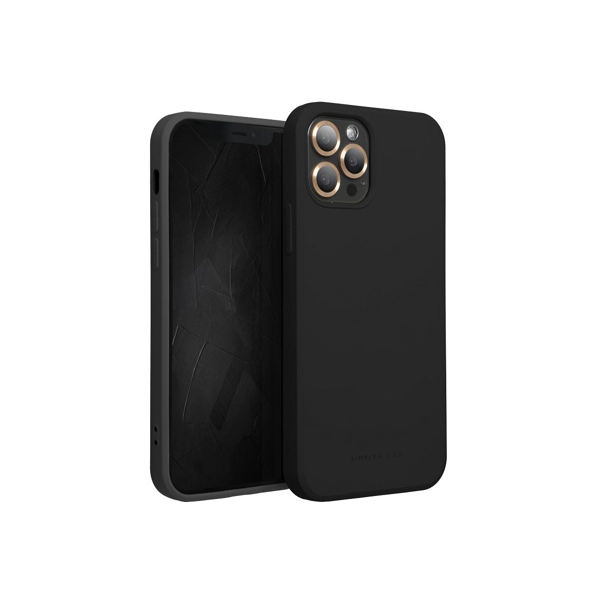 Ein schwarzes Smartphone mit einer Hülle, auf der Rückseite sind drei Kameras.