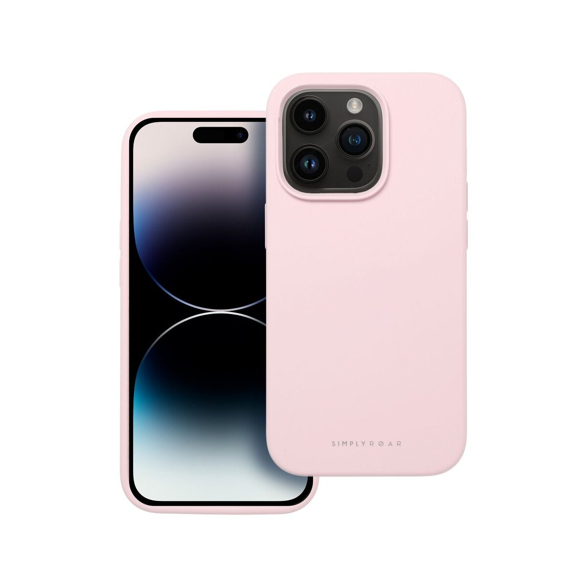 Ein rosafarbenes iPhone mit einer Hülle, die auf der rechten Seite liegt.
