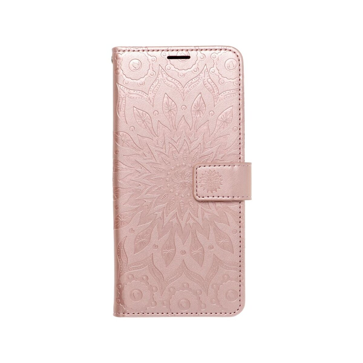 Ein roségoldenes Handycover mit Mandalamuster und Schnallenverschluss.