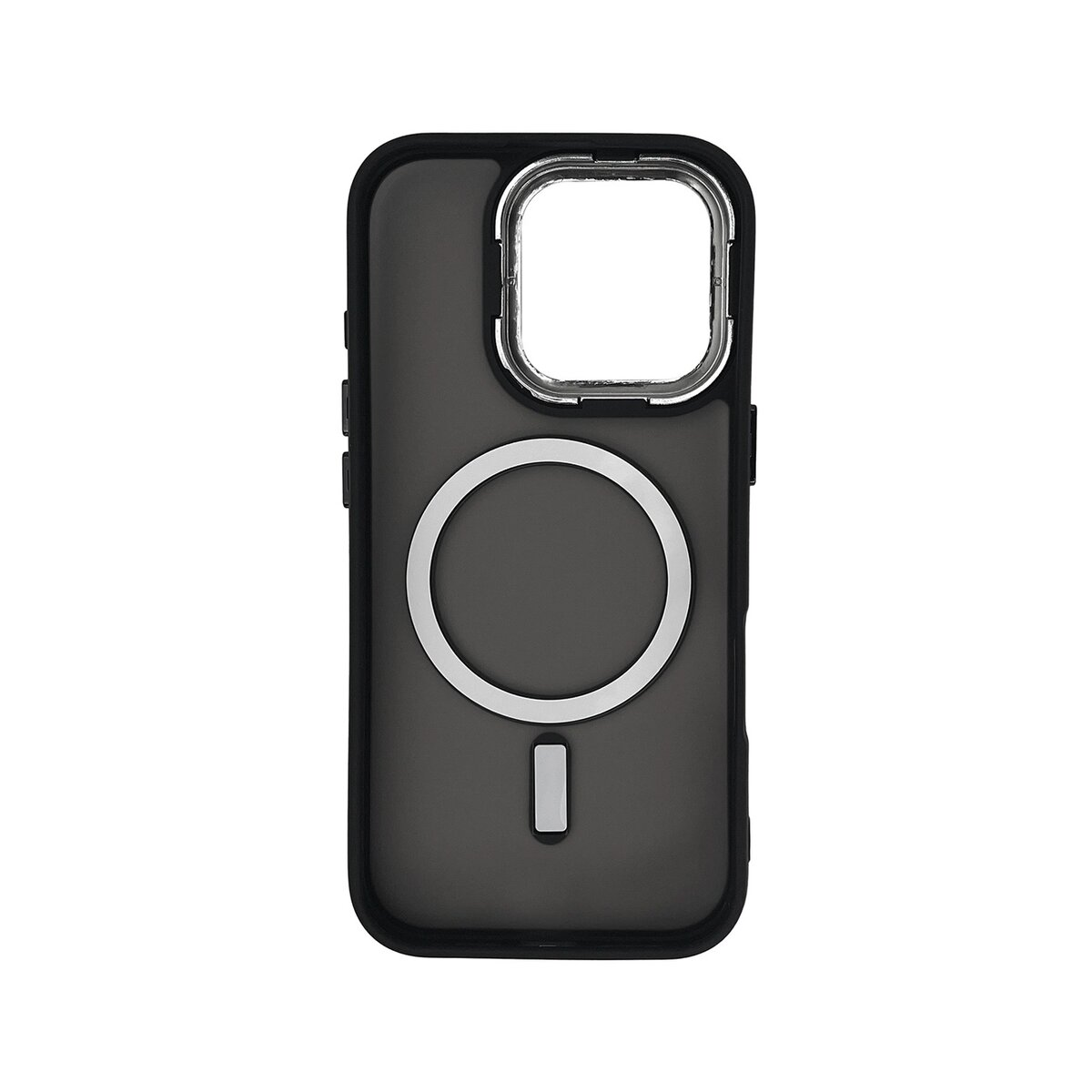 Eine dunkle iPhone-Hülle mit einem silbernen Kreis und einem Strich.