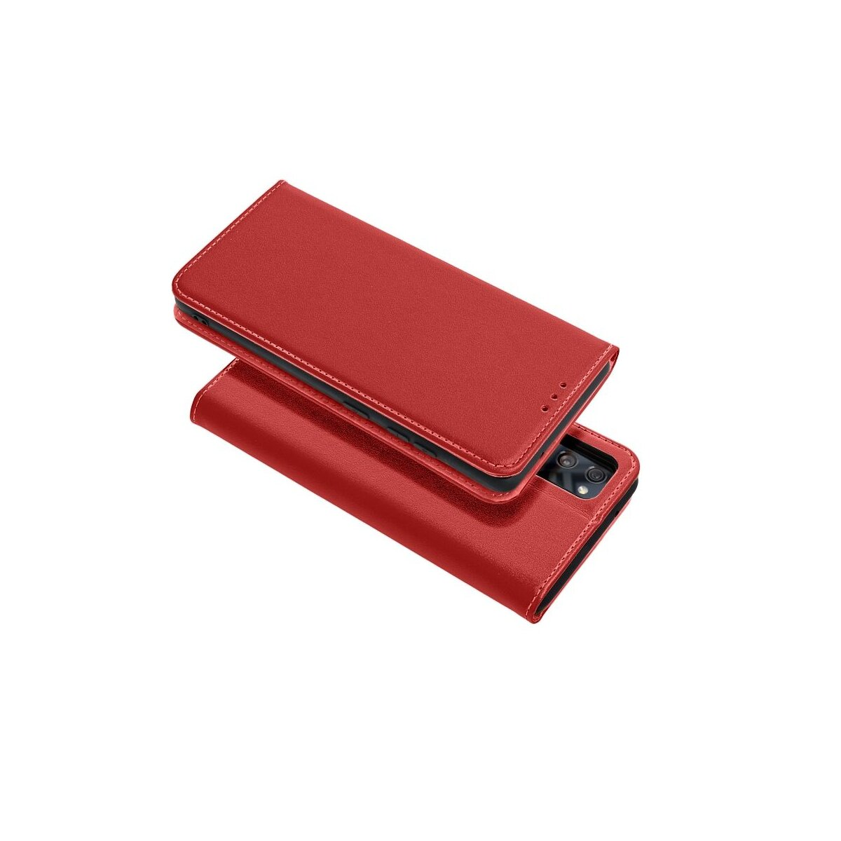 Rote Handyhülle mit Klappdeckel und sichtbarer Rückseite mit Kamera.