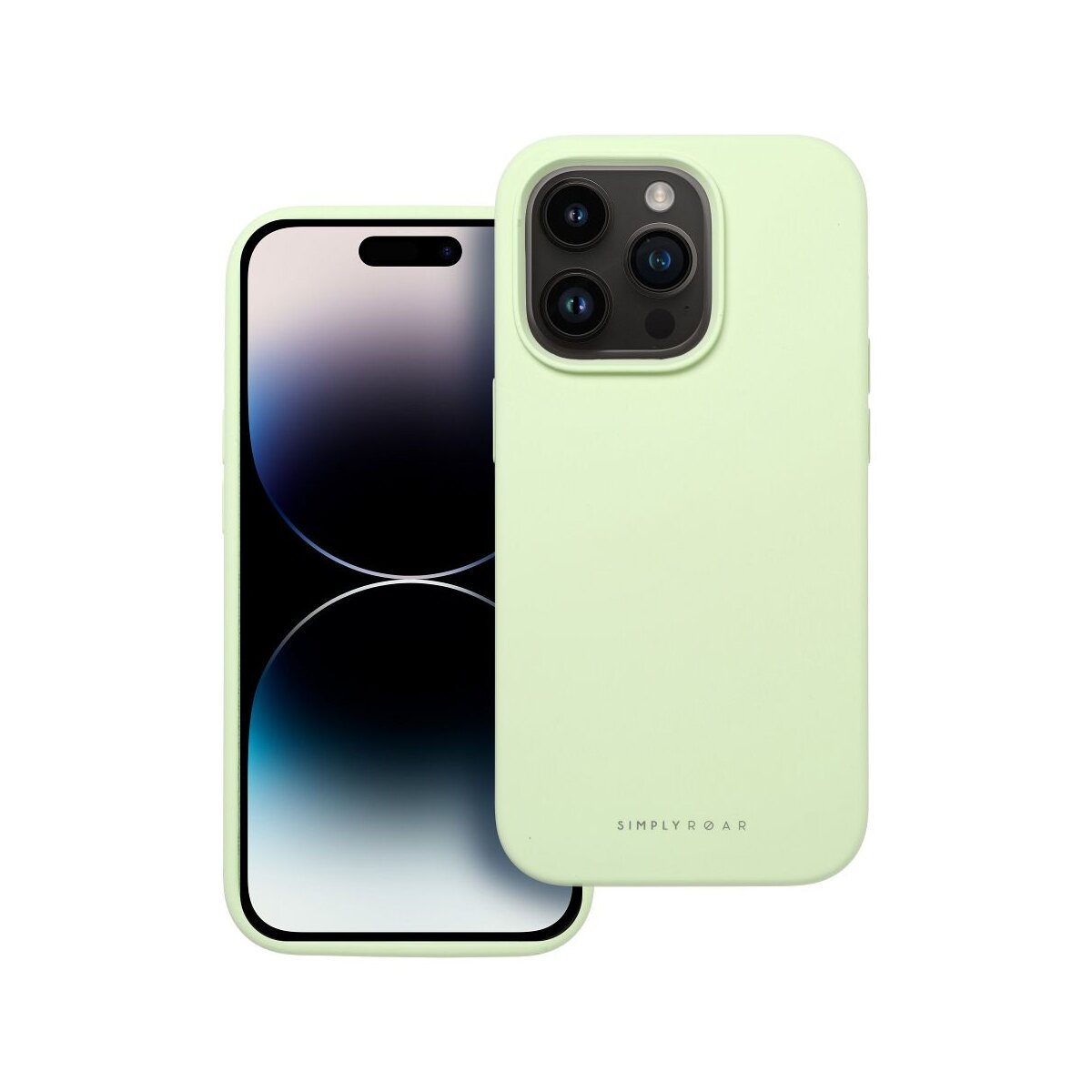 Ein hellgrünes iPhone mit einer Kameraeinheit und dem Logo 'SIMPLY ROAR'.