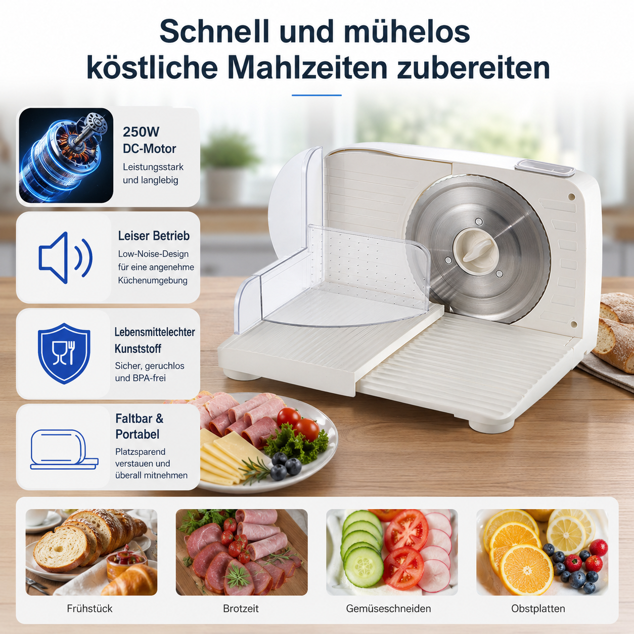 Elektrische Aufschnittmaschine mit 250W DC-Motor, leisem Betrieb, lebensmittelechtem Kunststoff.