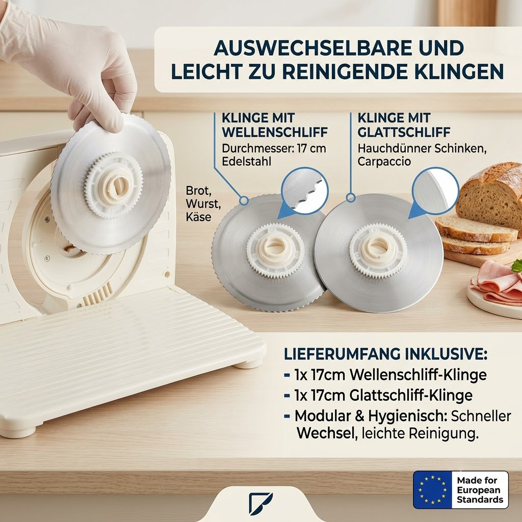 Ein Mann in Handschuhen hält eine Messerklinge neben einem Fleischschneider.