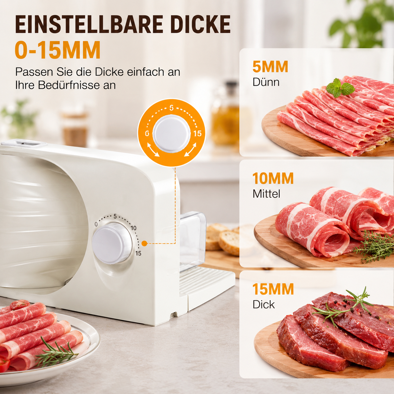 Ein weißer Fleischschneider mit Einstellknopf für 0-15mm Dicke.