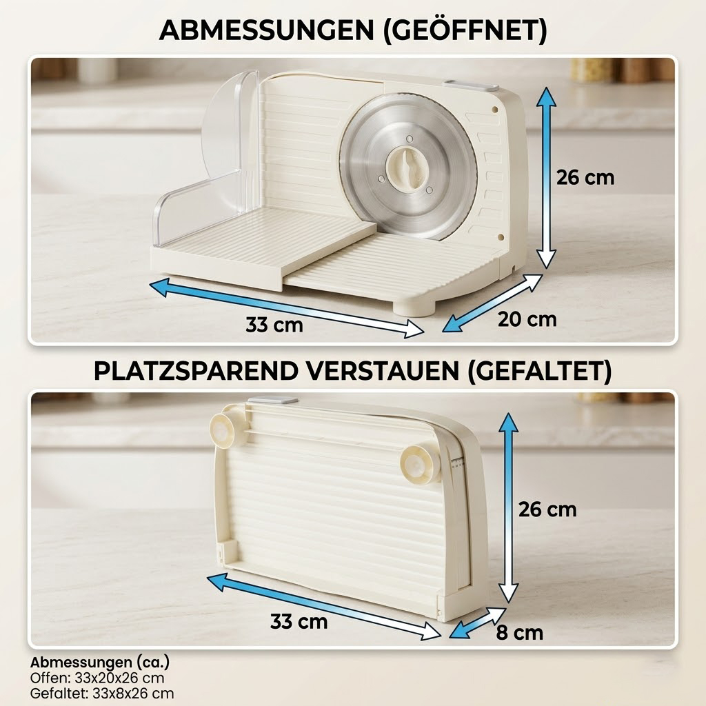 Ein beige Fleischschneider, geöffnet und gefaltet, mit Maßen.