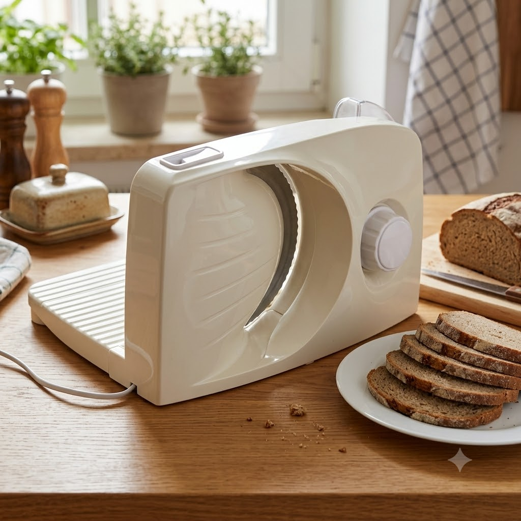 Eine cremefarbene elektrische Aufschnittmaschine auf einem Holztisch mit geschnittenem Brot und einem Laib.